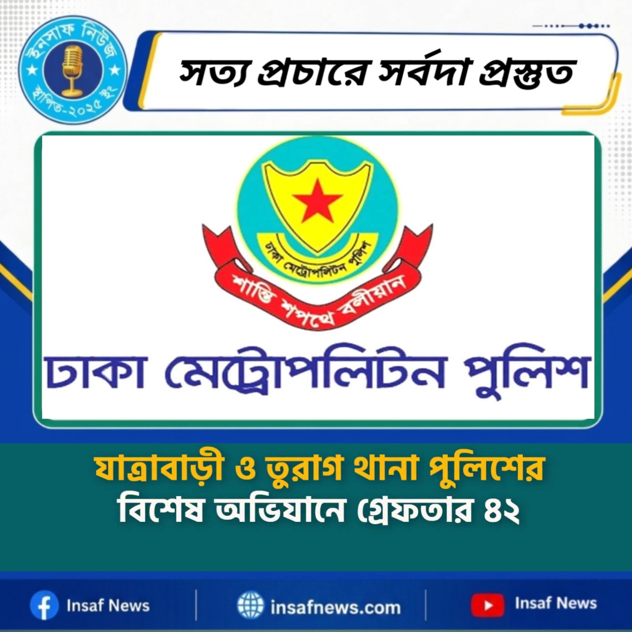 যাত্রাবাড়ী ও তুরাগ থানা পুলিশের বিশেষ অভিযানে গ্রেফতার ৪২